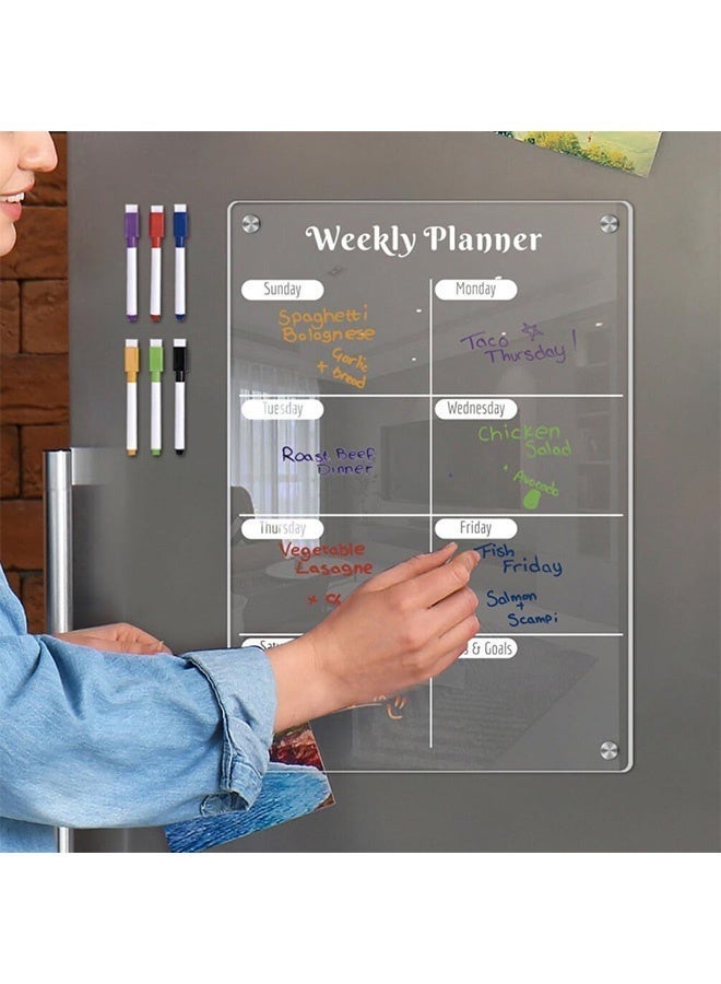 Unewshi Acrylic Meal Planner Magnetic Menu Board for Kitchen Fridge, Clear Weekly Calendar Planning Board Noteboard 3 in 1 Acrylic Magnetic Meal Planner for Fridge Chart with 6 Markers (29.7x21 cm) - Image 2
