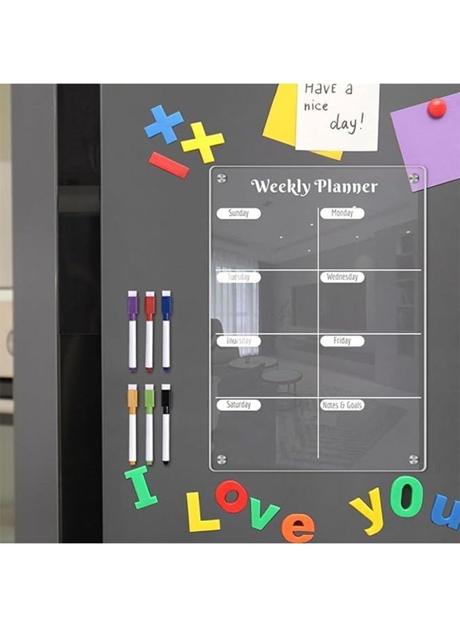 Unewshi Acrylic Meal Planner Magnetic Menu Board for Kitchen Fridge, Clear Weekly Calendar Planning Board Noteboard 3 in 1 Acrylic Magnetic Meal Planner for Fridge Chart with 6 Markers (29.7x21 cm) - Image 1