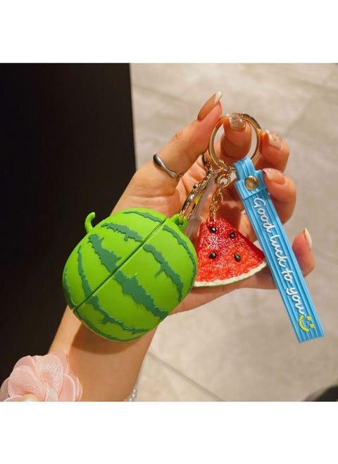 Summer Simulation Watermelon AirPods Pro For Apple Bluetooth Earphone Case 2/3 Generation Cartoon Silicone Protective Cover-Color:Simulated Watermelon + Pendant + Lanyard-Applicable Models:Airpods 1/2 Generation Universal