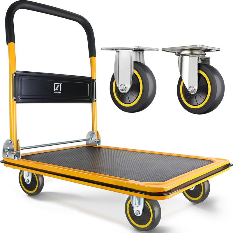 Push Cart Dolly by Wellmax Moving Platform Hand Truck Foldable for Easy Storage and 360 Degree Swivel Wheels with 660lb Weight Capacity Yellow Color