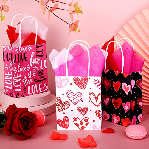 Cooraby 30 Pieces Valentines Day Mini Kraft Gift Bags With Handles, Tissue Paper and Tags - Assorted Styles Party Bags for Presents, 4.8 x 2.4 x 6 Inches - Image 5