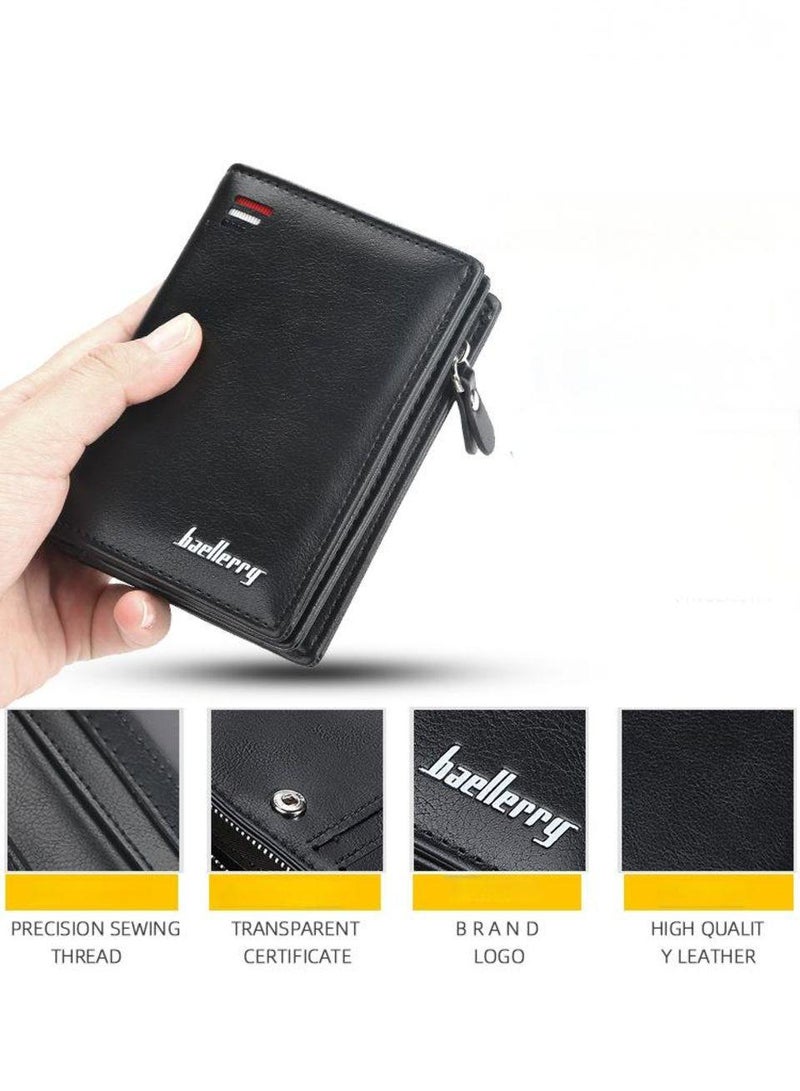 بايلليري جديد عصري بسيط ريترو ميني مزدوجة طي محفظة ، عالية الجودة كبيرة السعة متعددة بطاقة محفظة ، محفظة عمودية ، سحاب فتحة محفظة العملة ، محفظة المواد الجلدية ، محفظة السفر المحمولة لمسافات قصيرة (أسود). - Image 4