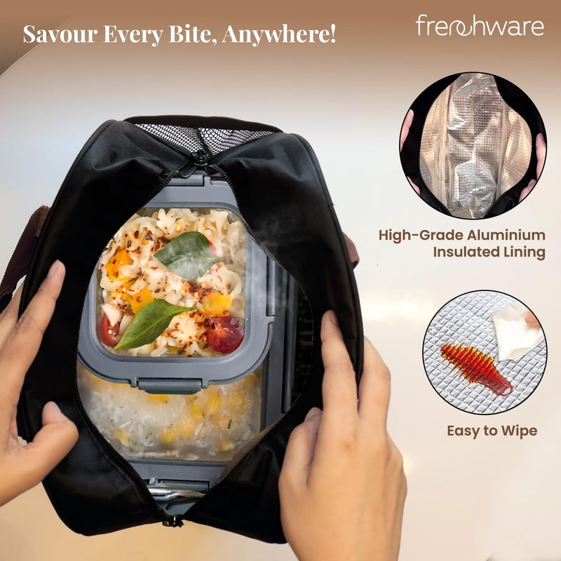 Frenchware Insulated Lunch Bag (8 Litre, Black), Office Tiffin Bags for Men and Women, Hot & Cold Travel Lunch Box for Men, Tiffin Box & Bottles, Lunch Bag for Office, Picnic Bag (Nylon) (Black) - Image 3