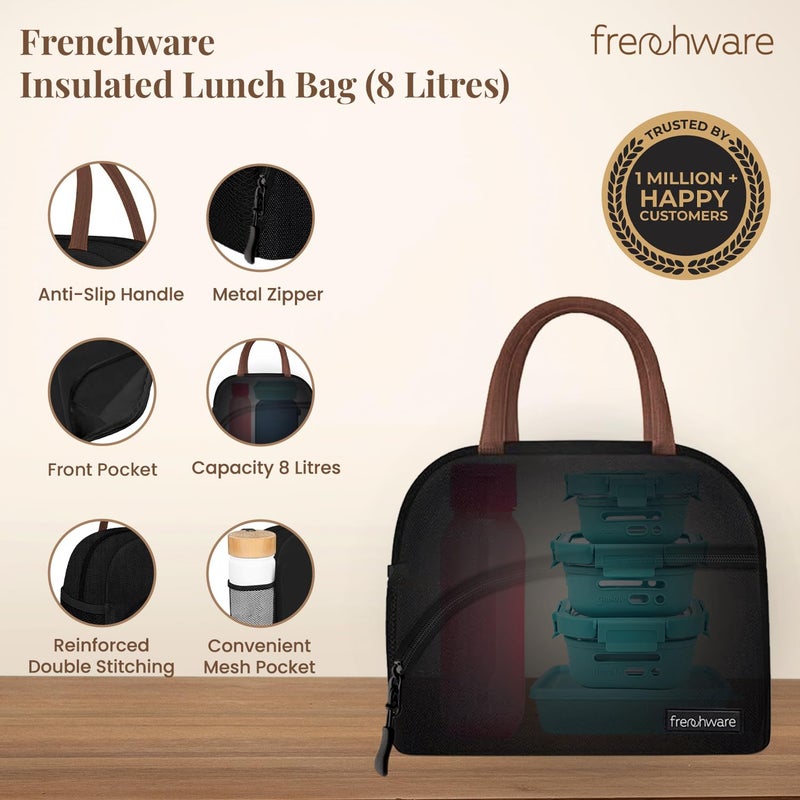 Frenchware Insulated Lunch Bag (8 Litre, Black), Office Tiffin Bags for Men and Women, Hot & Cold Travel Lunch Box for Men, Tiffin Box & Bottles, Lunch Bag for Office, Picnic Bag (Nylon) (Black) - Image 2