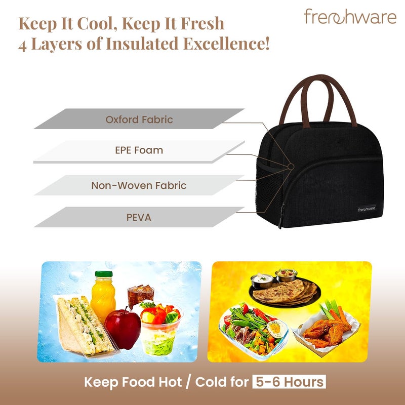 Frenchware Insulated Lunch Bag (8 Litre, Black), Office Tiffin Bags for Men and Women, Hot & Cold Travel Lunch Box for Men, Tiffin Box & Bottles, Lunch Bag for Office, Picnic Bag (Nylon) (Black) - Image 4