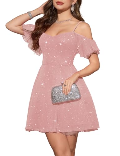 Meetjen Womens Short Prom Dress Party Off the Shoulder V Neck Sequin Sparkly Bridesmaid Graduation Formal Mini Teen Dresses Glitter Pink L - Image 1