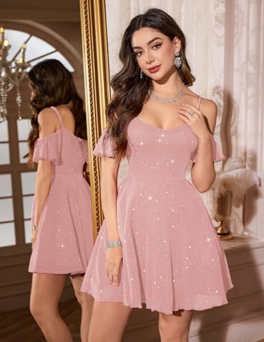 Meetjen Womens Short Prom Dress Party Off the Shoulder V Neck Sequin Sparkly Bridesmaid Graduation Formal Mini Teen Dresses Glitter Pink L - Image 4