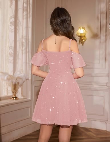 Meetjen Womens Short Prom Dress Party Off the Shoulder V Neck Sequin Sparkly Bridesmaid Graduation Formal Mini Teen Dresses Glitter Pink L - Image 2