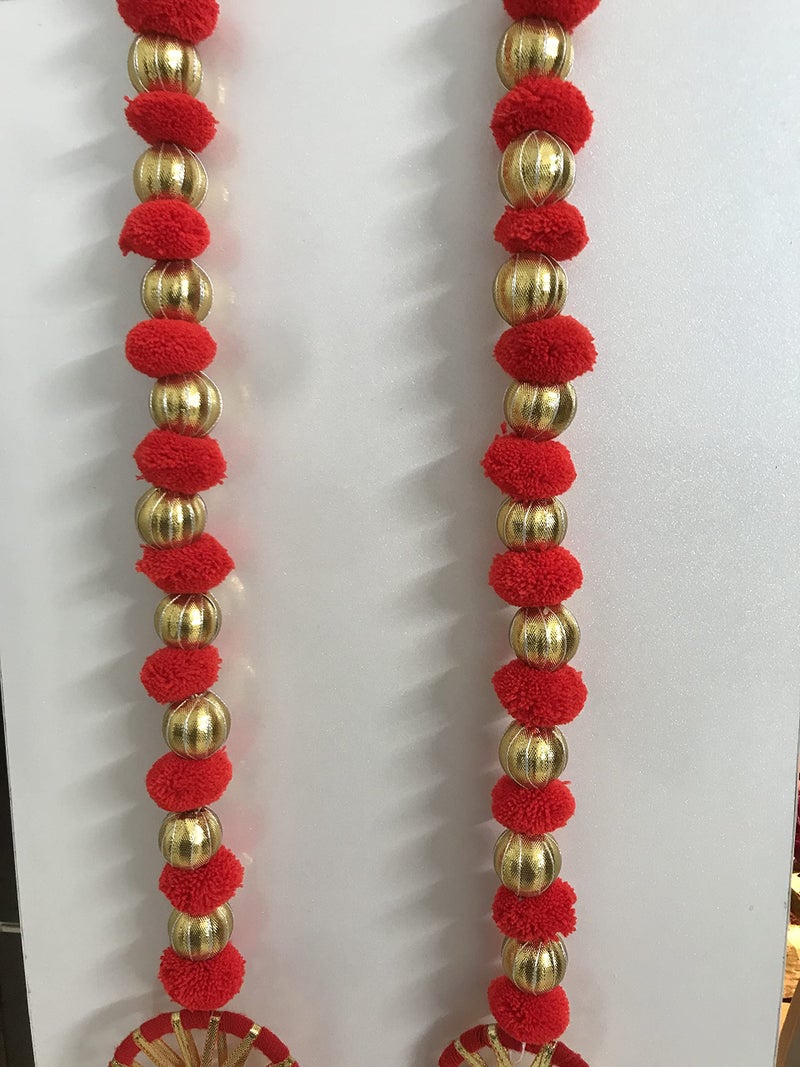 Aahum Handmade Wall Door 4 ft.Strings Red Hanging Pom Pom Chakri Torans Garland Bandhwar with Golden Bells-Decoration Item for Home Decor Diwali Festival,Navratri,Wedding One Pair (4 FT 2 Strings) - Image 5
