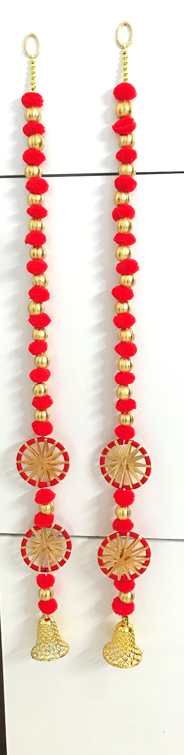 Aahum Handmade Wall Door 4 ft.Strings Red Hanging Pom Pom Chakri Torans Garland Bandhwar with Golden Bells-Decoration Item for Home Decor Diwali Festival,Navratri,Wedding One Pair (4 FT 2 Strings) - Image 4