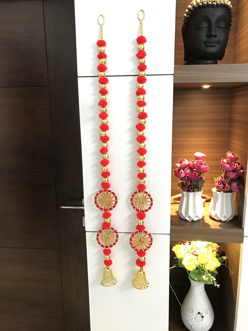 Aahum Handmade Wall Door 4 ft.Strings Red Hanging Pom Pom Chakri Torans Garland Bandhwar with Golden Bells-Decoration Item for Home Decor Diwali Festival,Navratri,Wedding One Pair (4 FT 2 Strings) - Image 1