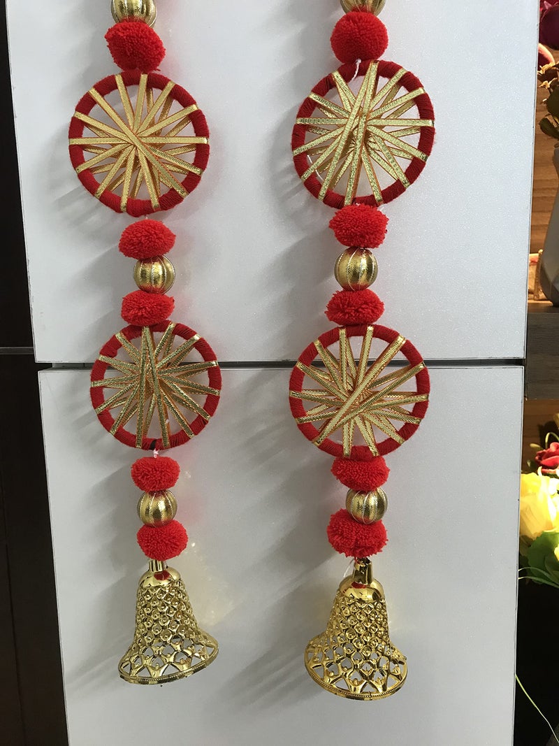 Aahum Handmade Wall Door 4 ft.Strings Red Hanging Pom Pom Chakri Torans Garland Bandhwar with Golden Bells-Decoration Item for Home Decor Diwali Festival,Navratri,Wedding One Pair (4 FT 2 Strings) - Image 3