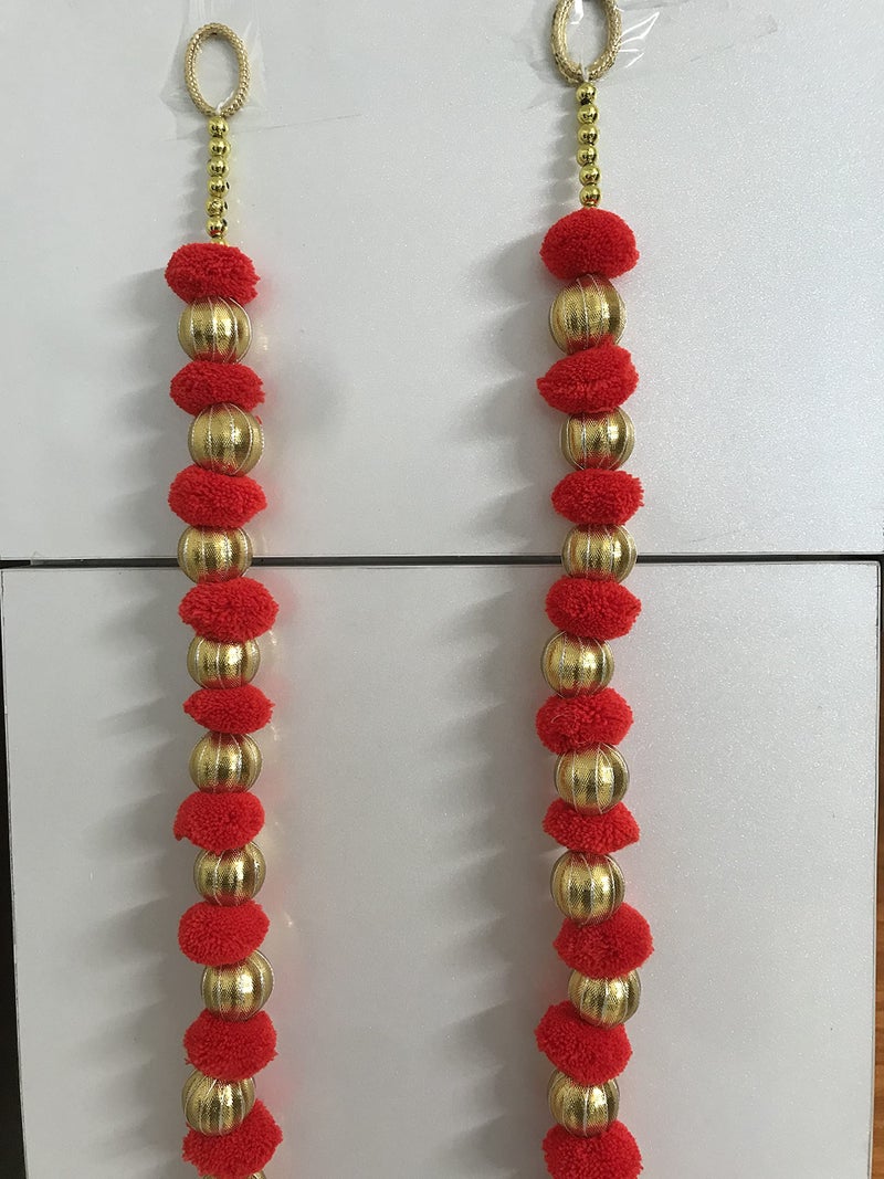 Aahum Handmade Wall Door 4 ft.Strings Red Hanging Pom Pom Chakri Torans Garland Bandhwar with Golden Bells-Decoration Item for Home Decor Diwali Festival,Navratri,Wedding One Pair (4 FT 2 Strings) - Image 2