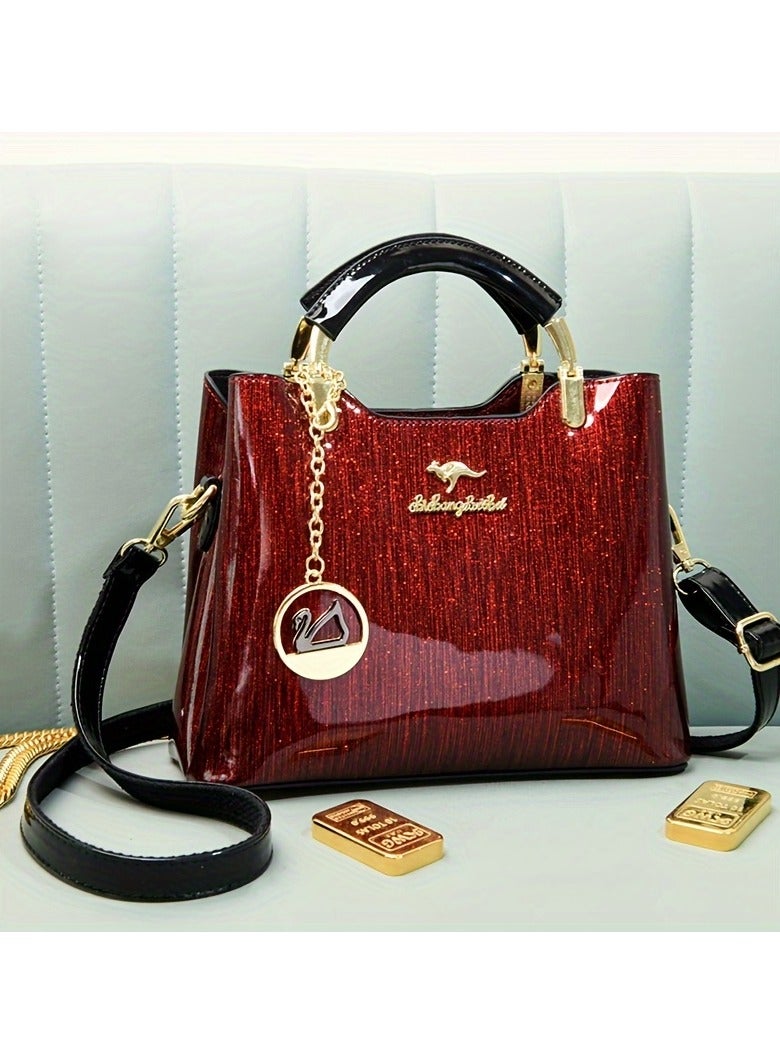 AROAQ Luxury Women's Top-Handle Bag Patent Leather Shoulder Handbag with Zipper Closure and Polyester Lining  - Image 2