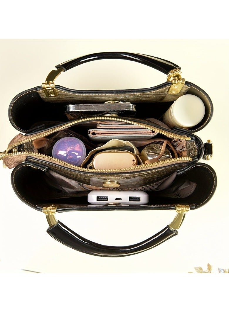 AROAQ Luxury Women's Top-Handle Bag Patent Leather Shoulder Handbag with Zipper Closure and Polyester Lining  - Image 4