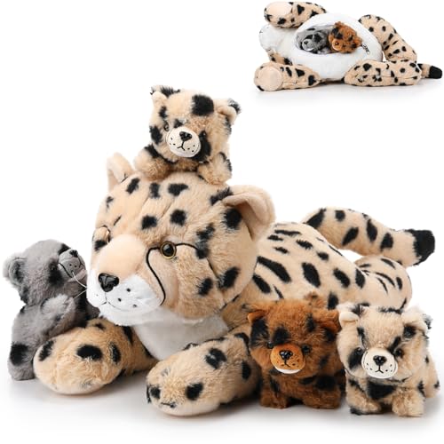 Silipull 5 Pcs Cheetah Stuffed Animals Set Large Mommy Cheetah Plush with 4 Soft Cuddly Baby Cubs in Her Tummy for Boys Girls Birthday Graduation Gifts Forest Party Decors Lying Style - Image 1