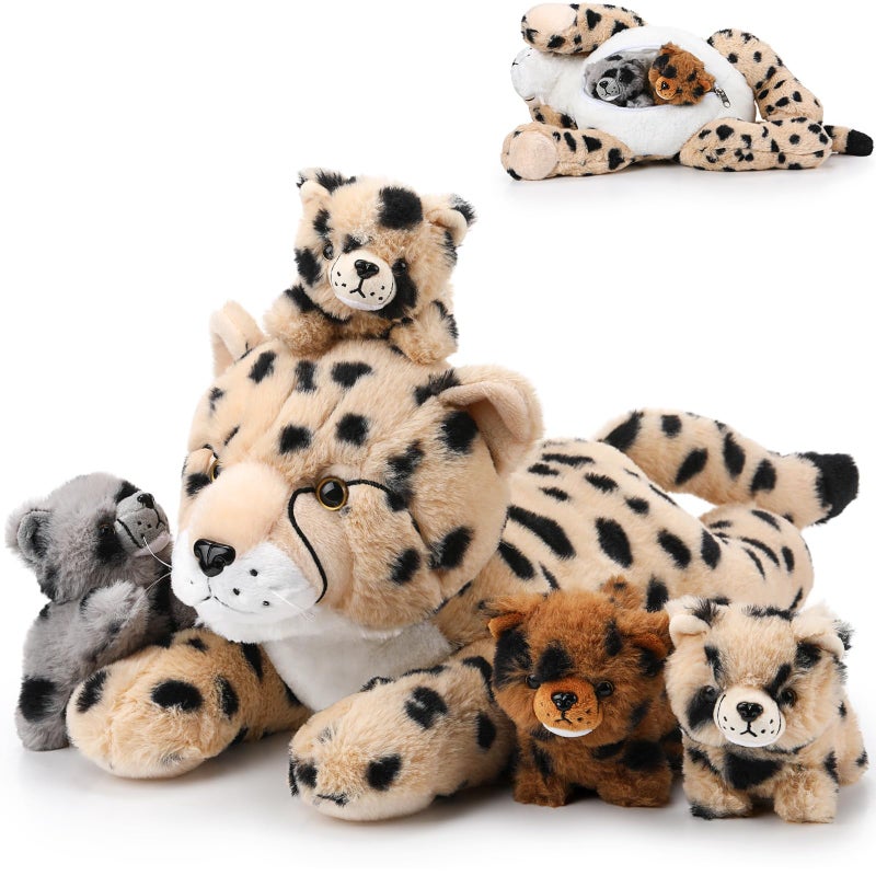 Silipull 5 Pcs Cheetah Stuffed Animals Set Large Mommy Cheetah Plush with 4 Soft Cuddly Baby Cubs in Her Tummy for Boys Girls Birthday Graduation Gifts Forest Party Decors Lying Style - Image 2
