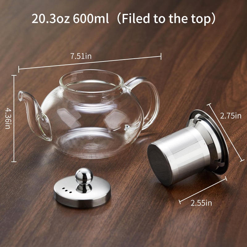DOPUDO Glass Teapot with Removable Infuser, 20 oz/600ml Glass Tea Pot Small Borosilicate Tea Steeper Kettle with Loose Leaf Tea Strainer For Flower Blooming Tea, ClearTea Maker Pitcher - Image 3