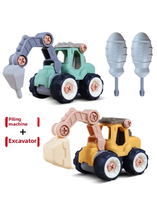 DIY Children's Disassembly Engineering Car Children's Educational Assembly Screw Toy Boy Detachable Assembly Toy Car-Color:Pile Machine + Excavator [2 Pack]  - Image 1