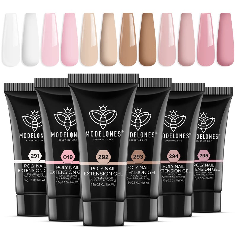 Modelones Poly Extension Gel Kit for Nail, 6 Colors Pink Nude Collection Poly Nail Gel Set Builder Gentle Colors French Manicure DIY Design Home Salon - Image 1