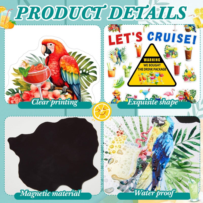 Leumoi 27 Pcs Cruise Door Magnets Decorations Funny Summer Tropical Drink Parrots Flamingos Magnets Magnetic Reusable Cruise Magnet for Cabin Door Ship Refrigerator Office Car Accessories(Parrot) - Image 5