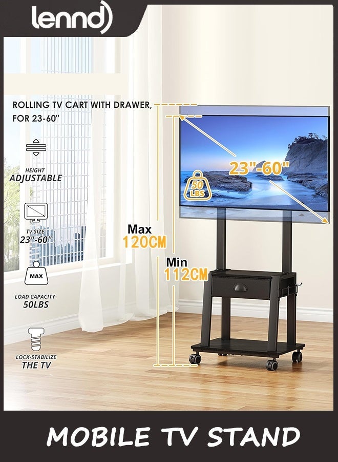 LENND Mobile TV Stand with Drawer for 23-60 Inch TVs,Tilt Rolling TV Cart on Wheels with 2 Shelves Adjustable Height Portable TV Stand for Bedroom/Living Room Holds up to 25 kg Max VESA 400x400mm - Image 5