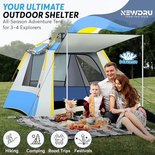 NEWDRU Waterproof Camping Tent for 3-4 Person | UV Protection, Lightweight & Easy Setup | Perfect for Hiking, Trekking & Outdoor Adventures - CampGuard Pro (Silver-Blue) - Image 3