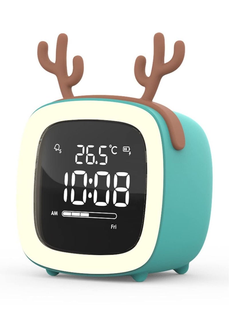 Captaintech Kids Cute Alarm Clock,Sleep & Wake Clock with Snooze,Temperature, Voice Control Sensor Night Light Clock,Bedside Clock Handheld Size,Gifts for Boys Girls Teens and Students (Green,Antlers) - Image 1