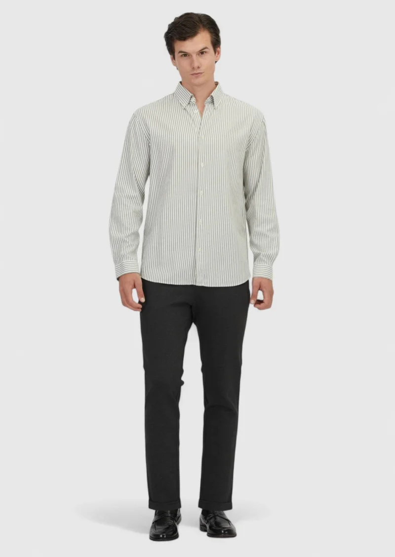 RAMSEY Green Striped Loose Fit Long Weaving Casual Cotton Blended Shirt