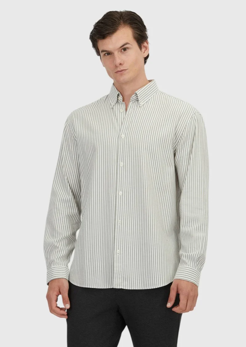 RAMSEY Green Striped Loose Fit Long Weaving Casual Cotton Blended Shirt