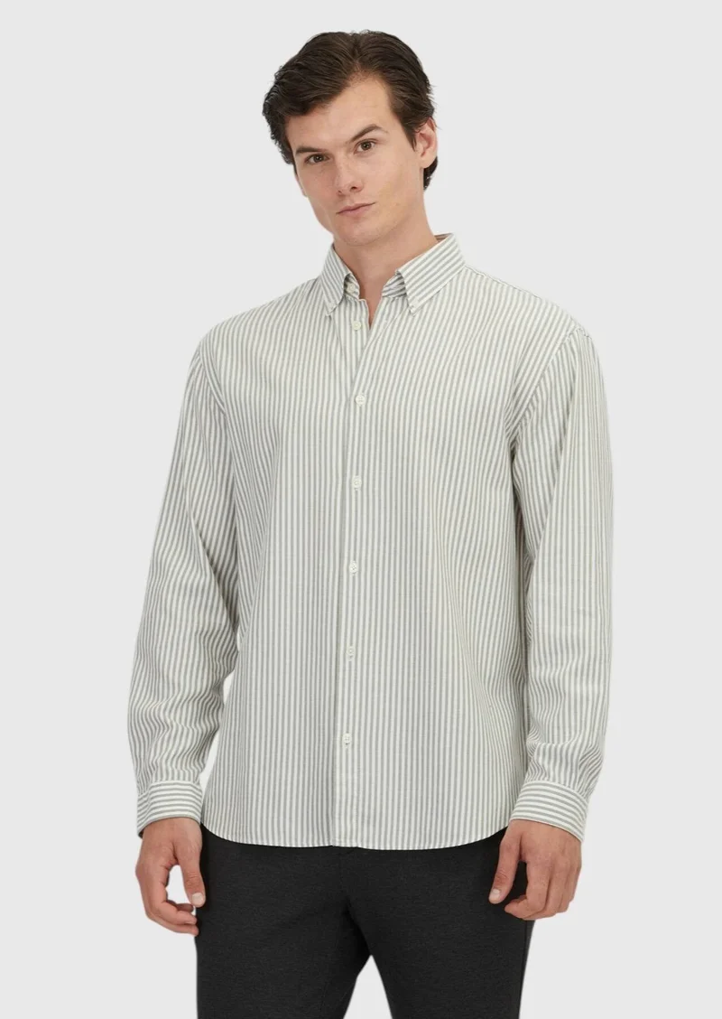 RAMSEY Green Striped Loose Fit Long Weaving Casual Cotton Blended Shirt