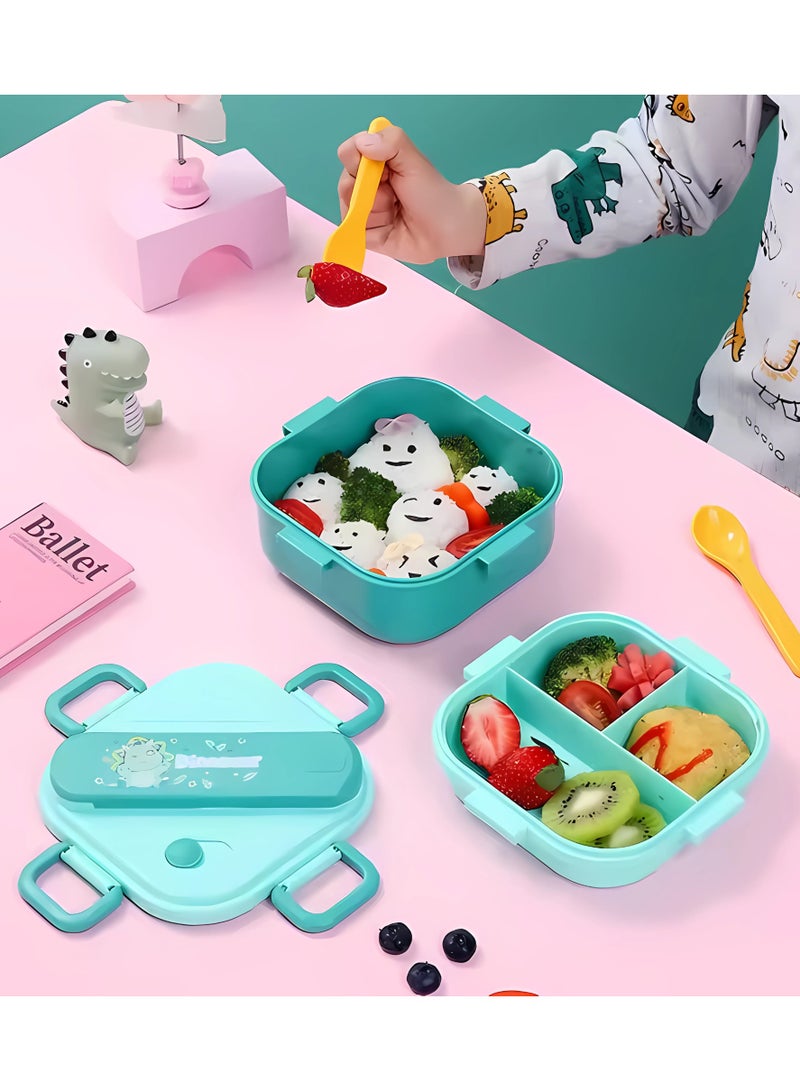 Twisoo Square Bento Lunch Box Set for Kids, 3-Compartment Portable Food Container with Sealed Lid, Cute Rabbit Anime Design, Includes Fork & Spoon, Ideal for School & Work, 800ml (Dinosaur ) - Image 5