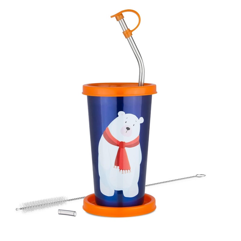 PDDFALCON Polar Bear Cartoon Print Steel Straw Glass Blue with Orange Lid 370ml - Image 1