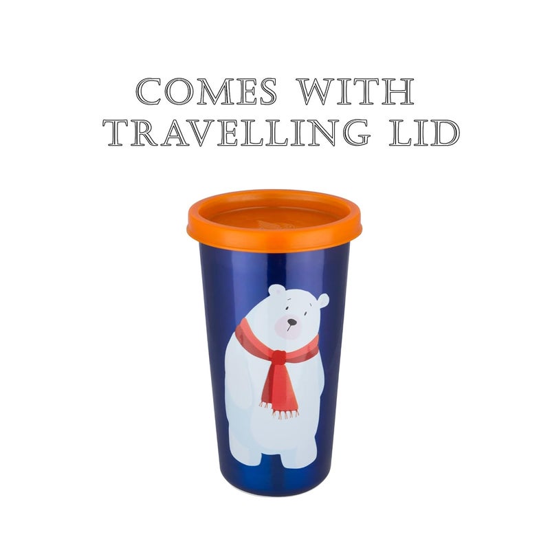 PDDFALCON Polar Bear Cartoon Print Steel Straw Glass Blue with Orange Lid 370ml - Image 2