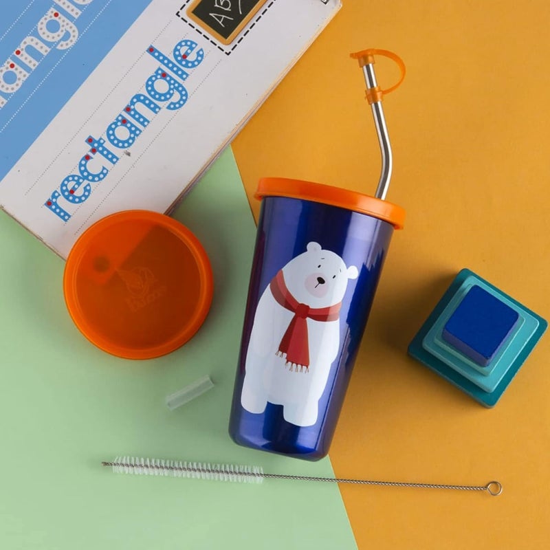 PDDFALCON Polar Bear Cartoon Print Steel Straw Glass Blue with Orange Lid 370ml - Image 4