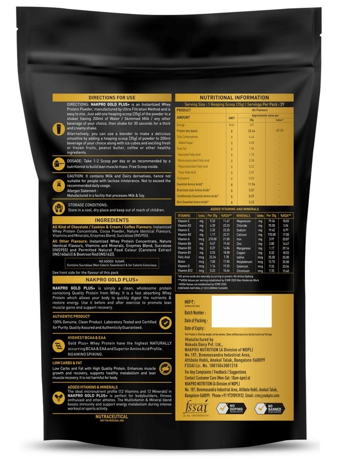 NAKPRO Gold Plus+ Whey Protein Concentrate with Digestive Enzymes | 25.46g Protein, 5.57g BCAA | Added Vitamins & Minerals (1 Kg, Malai Kulfi) - Image 2