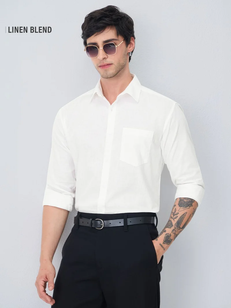 The Souled Store: Men and Boys Long Sleeve Spread Collar White Solid Cotton Linen Regular Shirt