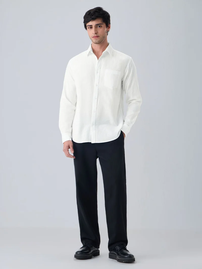 The Souled Store  The Souled Store: Men and Boys Long Sleeve Spread Collar White Solid Cotton Linen Regular Shirt  | Best Price UAE