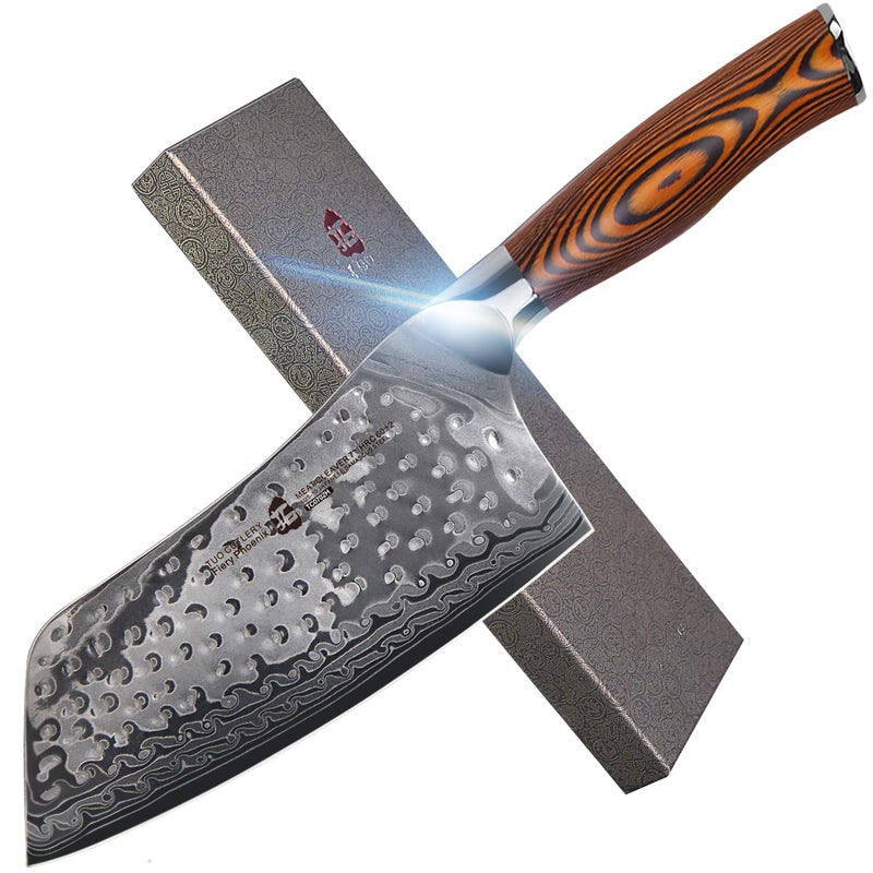 TUO Cutlery Cleaver Knife  Japanese AUS10 Damascus Steel Hammered Finish  Chinese Chefs Knife for Meat and Vegetable with Ergonomic Pakkawood Handle  7  Fiery Phoenix Series