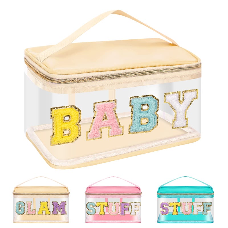 Iqimott Preppy Clear Makeup Bag Baby Pouch Chenille Letter Cosmetic Bag for Women Girls Nylon PVC Toiletry Storage Handbag Travel Transparent Waterproof Zipper Pouch with HandleBaby Beige - Image 2