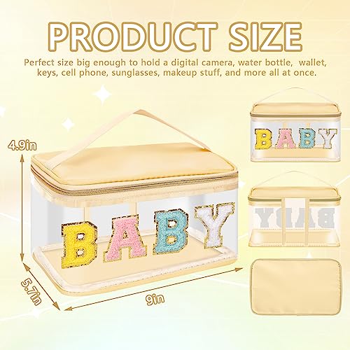 Iqimott Preppy Clear Makeup Bag Baby Pouch Chenille Letter Cosmetic Bag for Women Girls Nylon PVC Toiletry Storage Handbag Travel Transparent Waterproof Zipper Pouch with HandleBaby Beige - Image 3