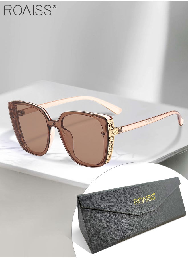 roaiss - Women's Butterfly Sunglasses, UV400 Protection Sun Glasses with Hollow Metal Side Design, Oversize Fashion Anti-glare Sun Shades for Women with Glasses Case, 65mm, Light Brown - Image 1