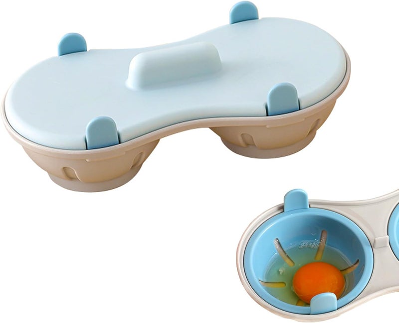 WOFALA 2 Cavity Microwave Egg Cooker, Breakfast Double Row Egg Cooker, Poached Egg Cup Kitchen Cooking Gadgets (Light Blue) - Image 1