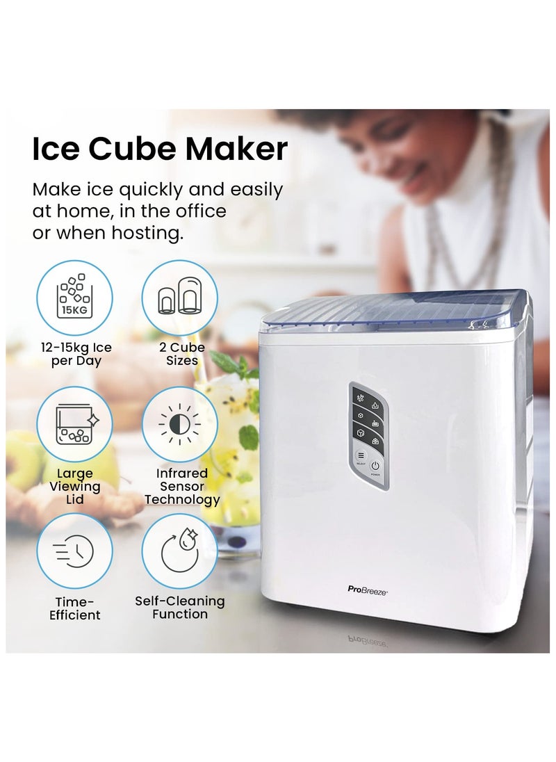 Pro Breeze - Pro Breeze Ice Maker Machine, Large Countertop Ice Maker with Ice Scoop, 15 kg Compact Self-Cleaning Clear Ice Maker, Ice Ready in 6-9 Mins, 2 Sizes of Bullet Ice for Home, Kitchen, Bar, Party - White - Image 1
