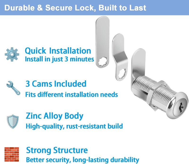 PawGlow Cabinet Locks with Keys, 1-1/2" Long Cam Lock Keyed Alike, Secure Files Drawers Mailbox RV Storage Tool Box Thick Drawer Replacement Set, Zinc Alloy (6 Pack, 1-1/2 Inch) - Image 5