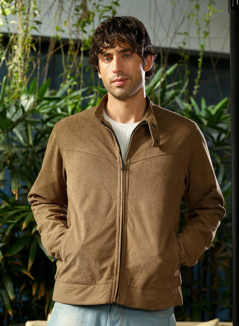 Campus Sutra Men Corduroy Rider Jacket | Band Collar, Long Button-Cuff Sleeves | Zipper , Straight Hem | Solid Textured | Woven Fabric For Casual & Daily Wear | Coffee Brown