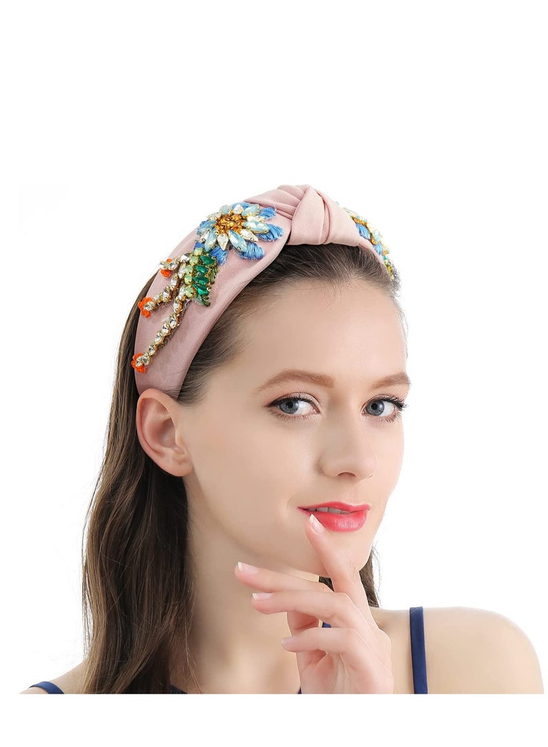 إسكدنيا Rhinestone Crystal Headband for Women Handmade Jewelry Girls Hair Accessories Diamond Fashion Headbands Girl Handmade Beaded Glitter Hairbands Vintage Hairband Elastic Hair Hoops Pink - Image 5
