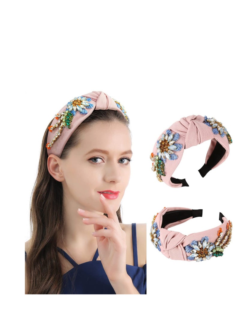 إسكدنيا Rhinestone Crystal Headband for Women Handmade Jewelry Girls Hair Accessories Diamond Fashion Headbands Girl Handmade Beaded Glitter Hairbands Vintage Hairband Elastic Hair Hoops Pink - Image 4