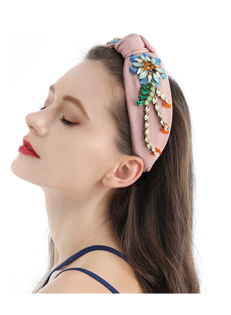 إسكدنيا Rhinestone Crystal Headband for Women Handmade Jewelry Girls Hair Accessories Diamond Fashion Headbands Girl Handmade Beaded Glitter Hairbands Vintage Hairband Elastic Hair Hoops Pink - Image 3