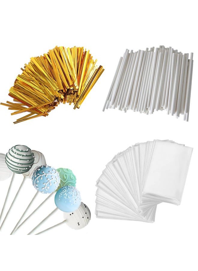Eiahonen 300 PCS Cake Pop Sticks and Wrappers Kit Including 100ct 6-inch Cake Pop Paper Lollipop Sticks, 100ct Clear Candy Treat Bags, 100ct Gold Twist Ties for Cake Pops, Lollipops, Candy, Chocolate - Image 1